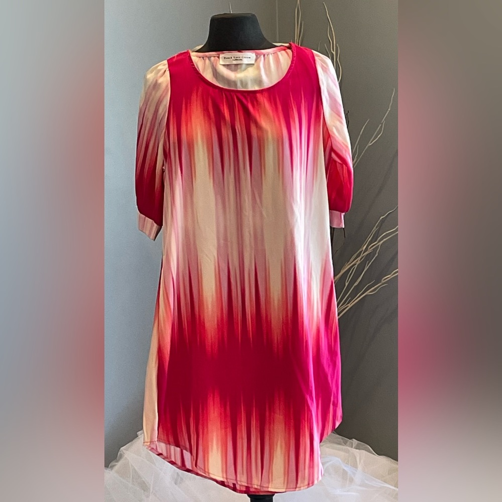 Peach Love Cream. Pink Ombré. 3/4 Sleeve Loose Shift Dress Small